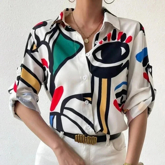 Cartoon Print Button Up Roll Sleeve Shirt - Picture 2 of 6